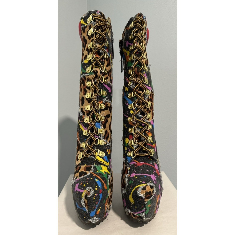 Alba Womens Printed D-Ring Lace Up Stiletto Pointy Mid Calf Platform Booties 7 - Picture 4 of 10